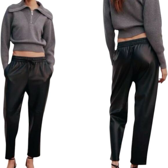 Zara Black Faux Leather‎ Vegan High Rise Pockets Drawstring Jogger Pants Small - Picture 1 of 9